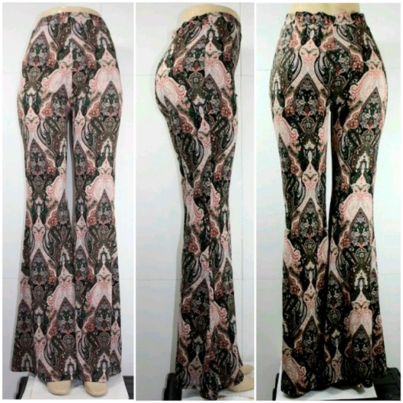 New TRIPLE SEVEN Boho Chic Print Flare Leg Pants in hunter green - Picture 2 of 9